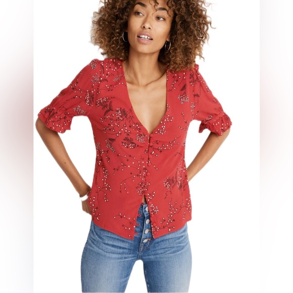 Madewell “Daylight” Top in “Windswept Floral” Red short sleeve ruffle blouse ❤️ - Picture 3 of 11